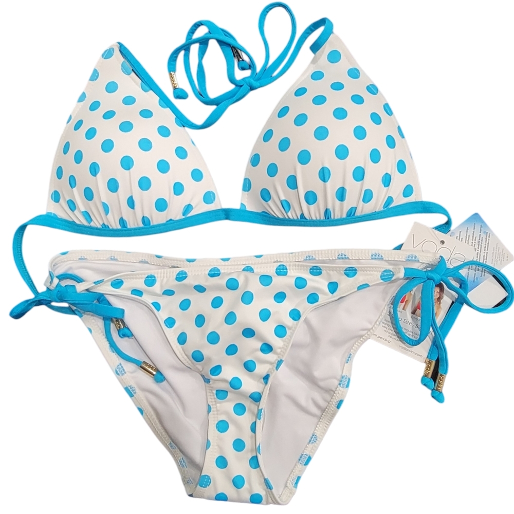 Voda Swim Aquarius Polka Dot Gold Envy Push Up String Bottom White Blue Bikini L
